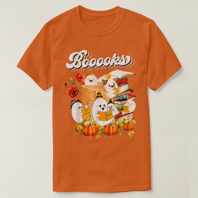Booooks! Cute Ghost Reading Library Books Hallowee T-Shirt (Design Front)