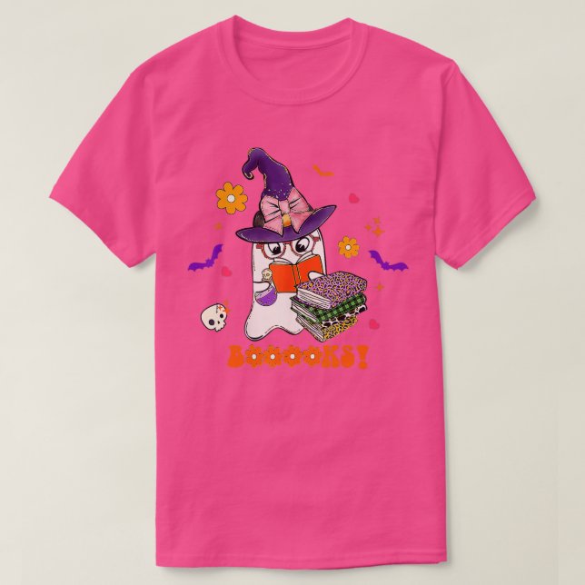 Booooks! Cute Ghost Reading Library Books Hallowee T-Shirt (Design Front)