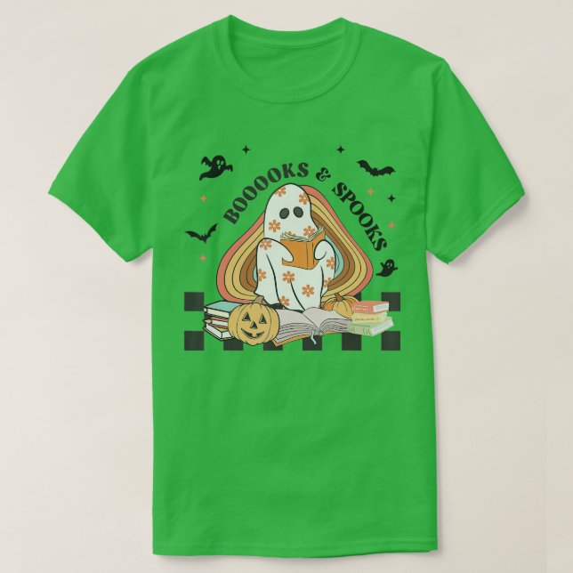 Booooks Ghost Funny Halloween Teacher Book Library T-Shirt (Design Front)