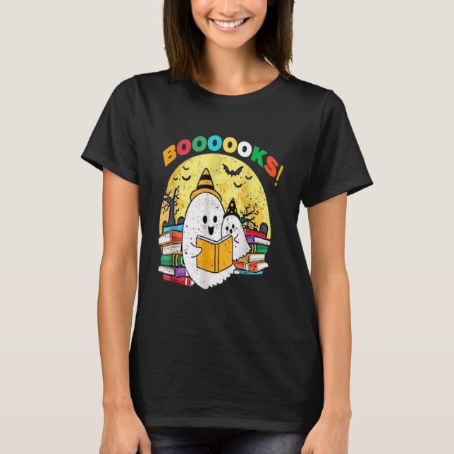 Booooks Ghost Funny Halloween Teacher Book Library T-Shirt (Front)
