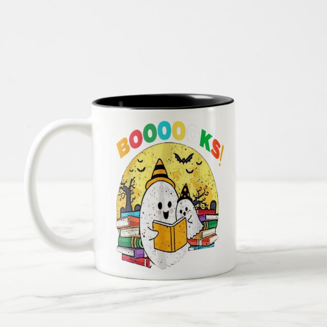 Booooks Ghost Funny Halloween Teacher Book Library Two-Tone Coffee Mug (Left)