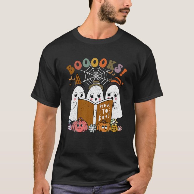 Booooks Ghost Halloween Groovy Vintage Teacher T-Shirt (Front)