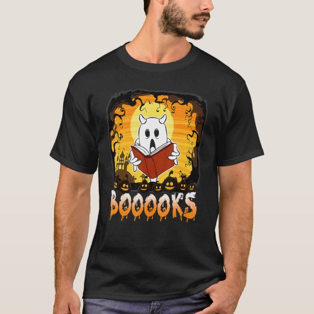 Booooks Ghost  Halloween Teacher Book Library Read T-Shirt (Front)