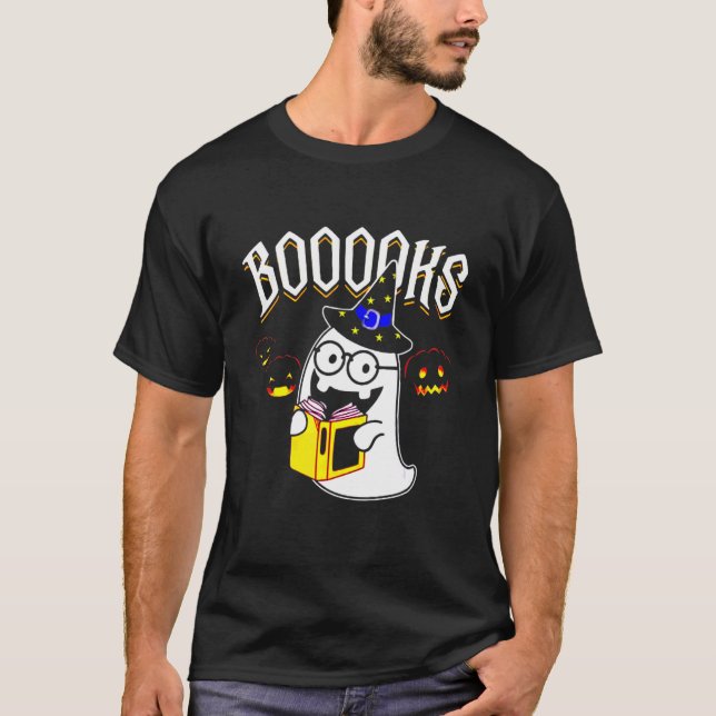 Booooks Ghost Reading Books Halloween T-Shirt (Front)