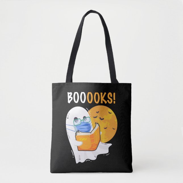 Booooks Halloween Ghost reading books and wearing Tote Bag (Front)