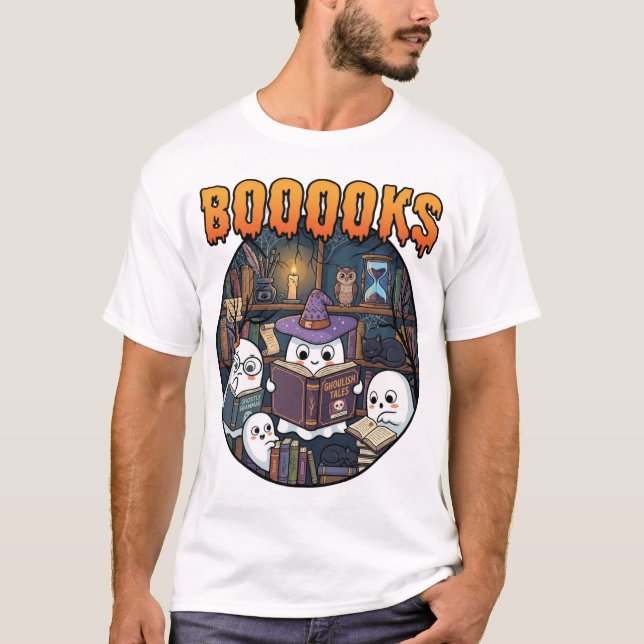 Boooooks Halloween Ghosts Reading Books Witch Hat  T-Shirt (Front)