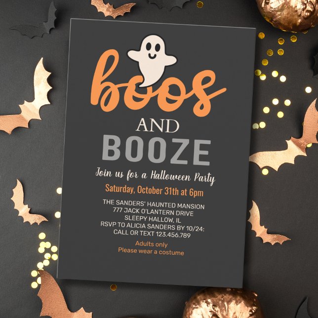 Boos and Booze Black Adults Halloween Party Invitation (Creator Uploaded)