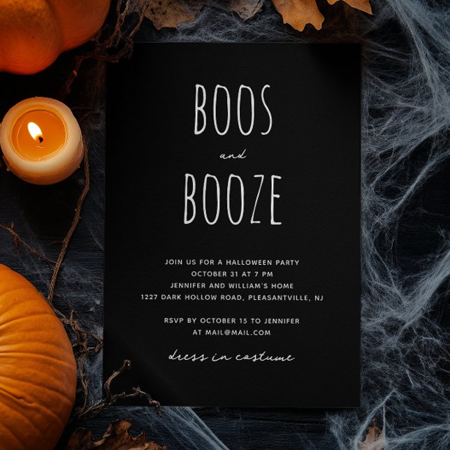 Boos and Booze | Black Minimalist Halloween Party Invitation (Creator Uploaded)
