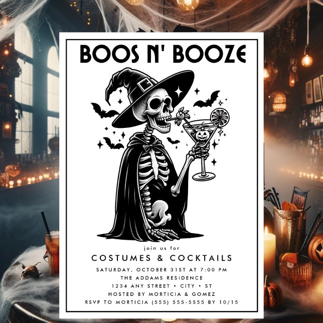 Boos and Booze Black White Adult Halloween Party Invitation (Boos n' Booze Halloween Party Invitation)