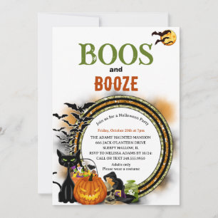 Boos and Booze green Orange Adult Halloween Party  Invitation