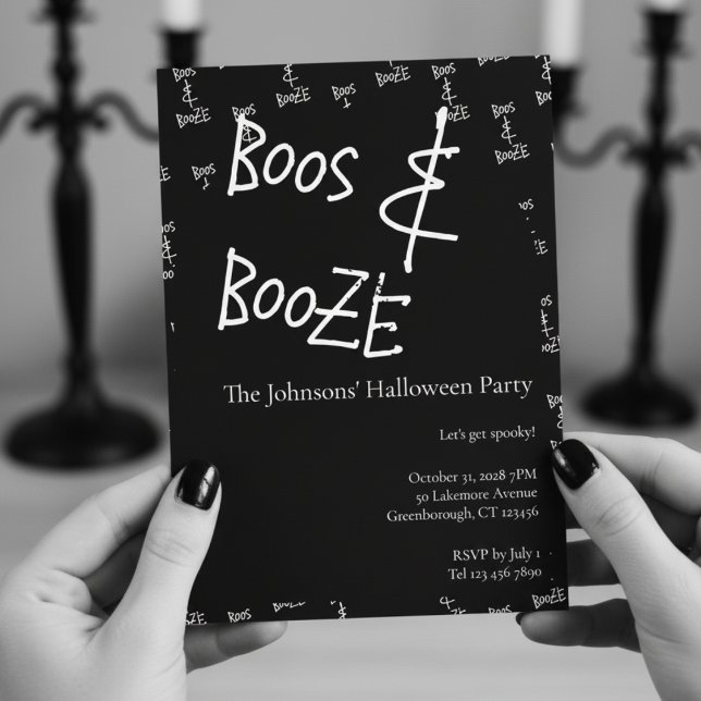 Boos and Booze Halloween Party Black and White Invitation (Creator Uploaded)