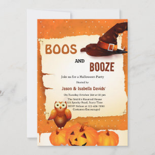 Boos and Booze Orange Pumpkin Halloween Party Invitation