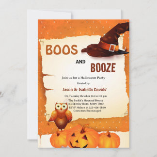 Boos and Booze Orange Pumpkin Halloween Party Invitation