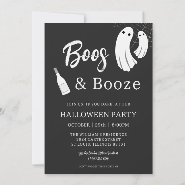 Boos & Booze Adult Halloween Chic Black Invitation (Front)