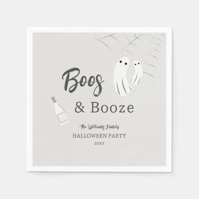 Boos & Booze Adult Halloween Light Grey Invitation Napkin (Front)