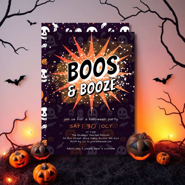 Boos & Booze Black & Orange Adult Halloween Party Invitation (Creator Uploaded)