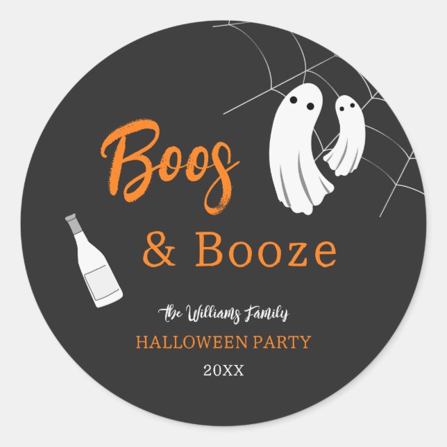 Boos & Booze Halloween Orange & Black Invitation Classic Round Sticker (Front)