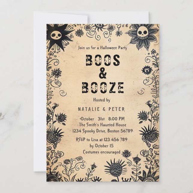 Boos & Booze I Spooky Flowers Halloween Party  Invitation (Front)