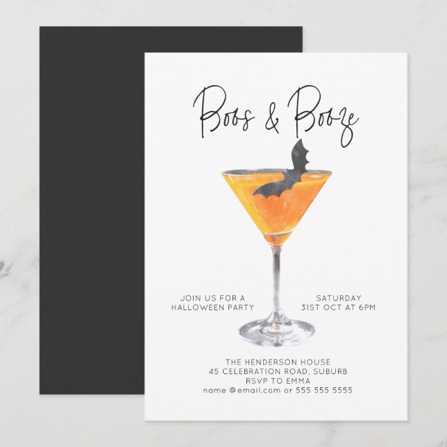 Boos & Booze Watercolor Cocktail Halloween Party Invitation (Front/Back)