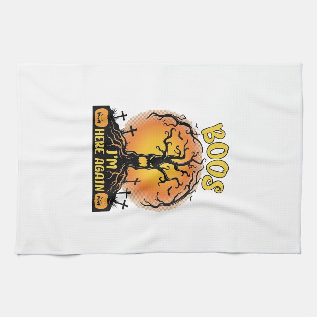 Boos Im Here Again Halloween Spooky Tree Pumpkins  Tea Towel (Horizontal)