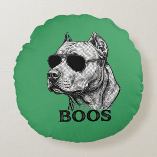BOOS Pitbull with Sunglasses Ink Sketch Tattoo Des Round Cushion
