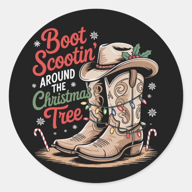 Boot Scootin' Around The Christmas Tree Western Classic Round Sticker (Front)