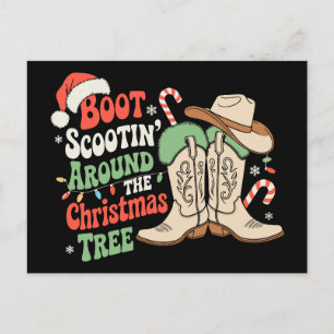 Boot Scootin Around The Christmas Tree Western Holiday Postcard