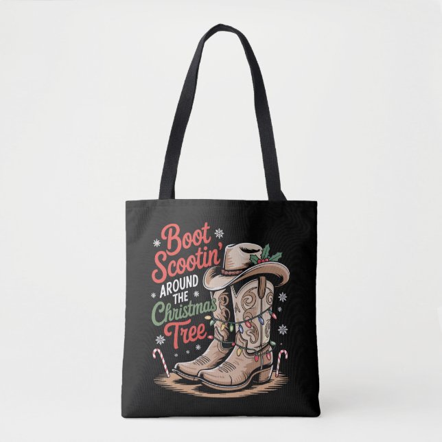 Boot Scootin' Around The Christmas Tree Western Tote Bag (Front)