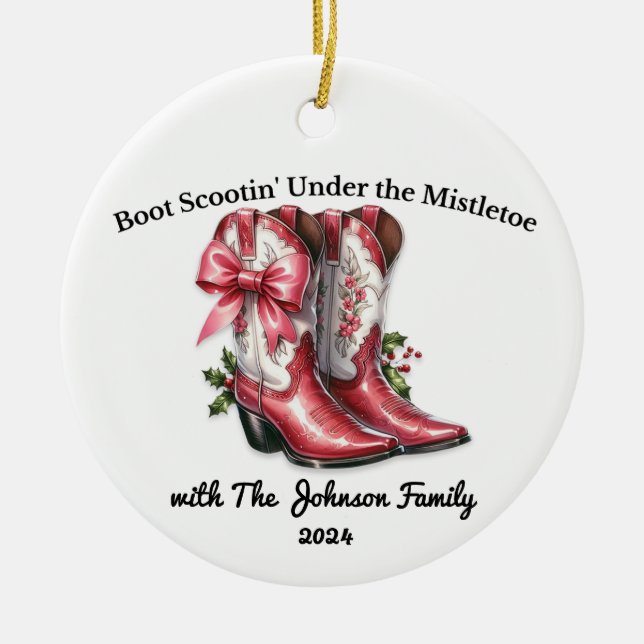 Boot Scootin' Under the Mistletoe Ceramic Tree Decoration (Front)