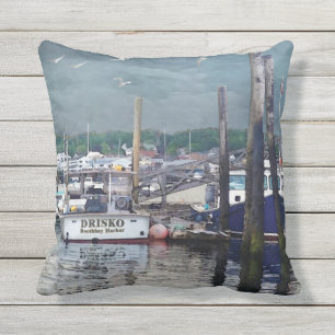 Boothbay Harbour Maine Boats Outdoor Throw Pillow