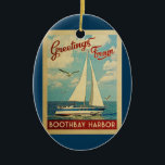 Boothbay Harbour Sailboat Vintage Travel Maine Ceramic Tree Decoration<br><div class="desc">This Greetings From Boothbay Harbour Maine vintage travel nautical design features a boat sailing on the water with seagulls and a blue sky filled with gorgeous puffy white clouds.</div>
