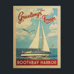 Boothbay Harbour Sailboat Vintage Travel Maine Postcard<br><div class="desc">This Greetings From Boothbay Harbour Maine vintage travel nautical design features a boat sailing on the water with seagulls and a blue sky filled with gorgeous puffy white clouds.</div>