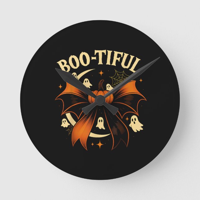  Bootiful Funny Halloween Coquette Bow Pumpkin  Round Clock (Front)