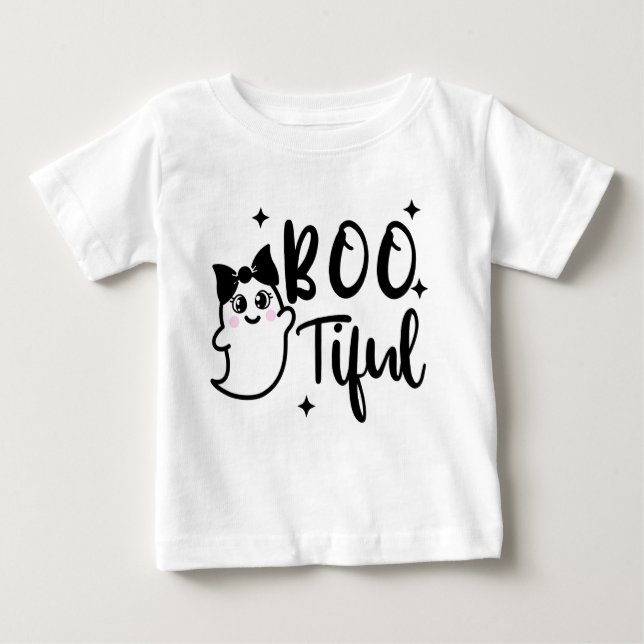 Bootiful, Girl Halloween, Cute Ghost with Bow Baby T-Shirt (Front)