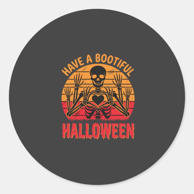 Bootiful Halloween Skeleton Heart Retro Sunset Des Classic Round Sticker (Front)