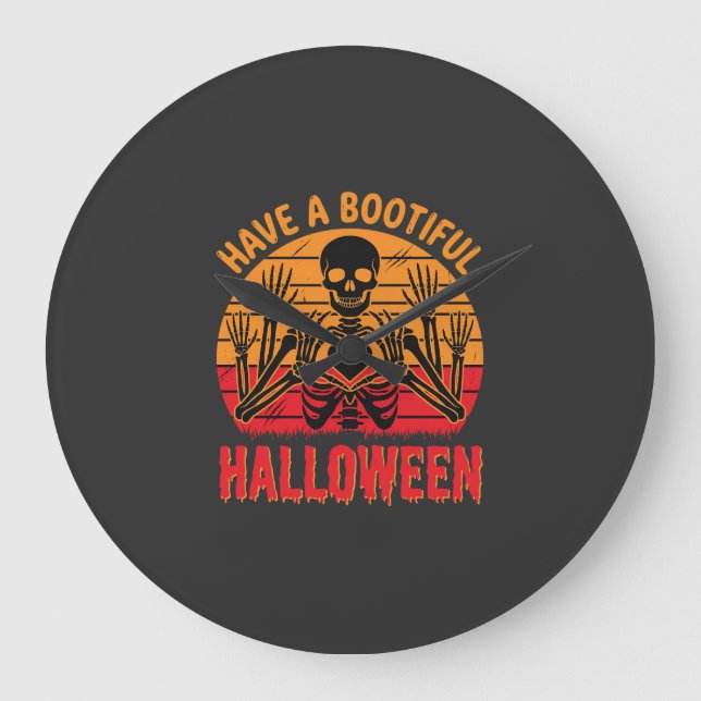 Bootiful Halloween Skeleton Heart Retro Sunset Des Large Clock (Front)