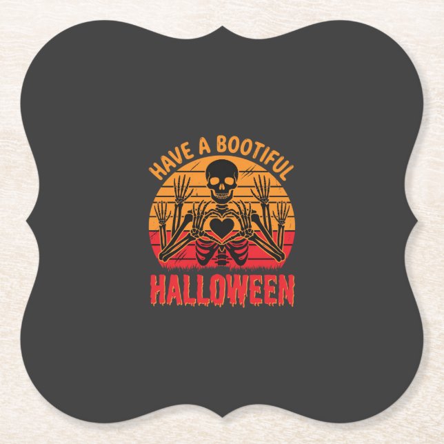 Bootiful Halloween Skeleton Heart Retro Sunset Des Paper Coaster (Front)