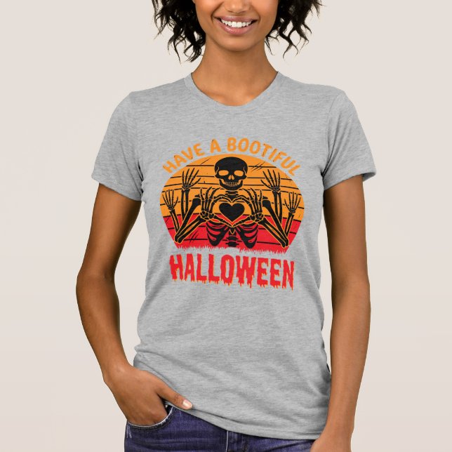 Bootiful Halloween Skeleton Heart Retro Sunset Des T-Shirt (Front)