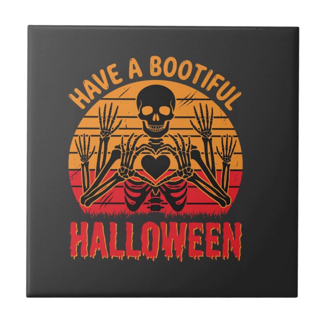 Bootiful Halloween Skeleton Heart Retro Sunset Des Tile (Front)