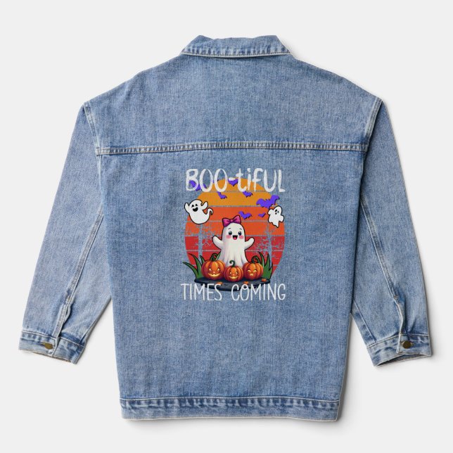 Bootiful Times Coming, Cartoon Halloween Ghosts Denim Jacket (Back)