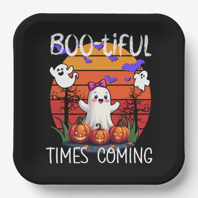 Bootiful Times Coming, Halloween Party Cute Ghosts Paper Plate (Front)