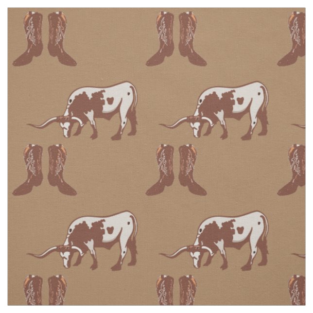 Boots and Beef Western Fabric With Longhorn Steer (Swatch)