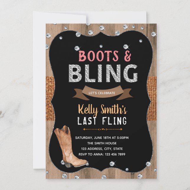 Boots and bling theme party invitation (Front)