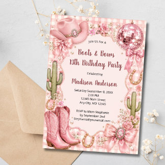 Boots and Bows Pink Cowgirl Western Birthday Invitation