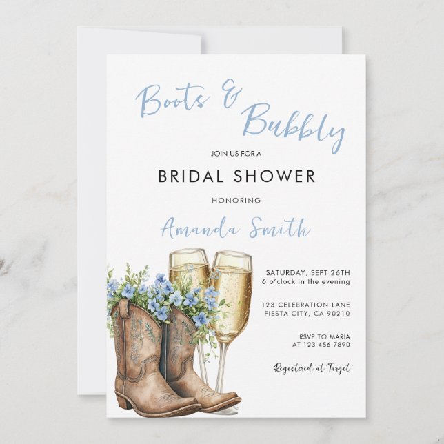 Boots and Bubbly Blue Bridal Shower  Invitation (Front)