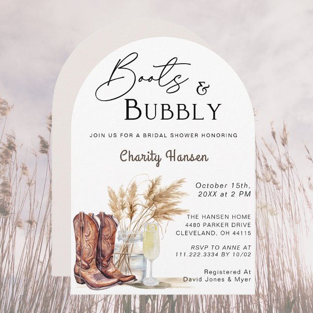 Boots And Bubbly Boho Pampas Grass Bridal Shower Invitation (Creator Uploaded)