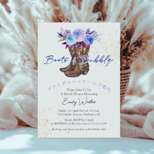 Boots and Bubbly Bridal Shower Blue Floral Rustic Invitation