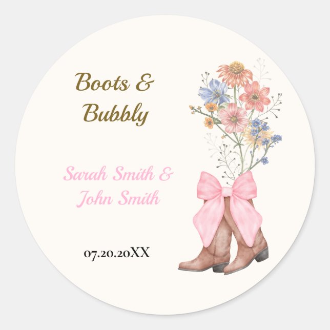 Boots and Bubbly Bridal Shower Classic Round Sticker (Front)