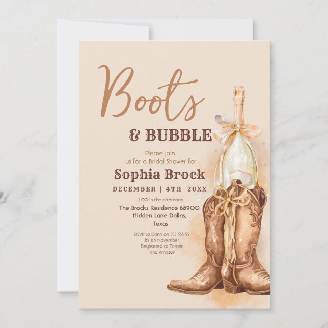  Boots and Bubbly Bridal Shower Invitation (Front)
