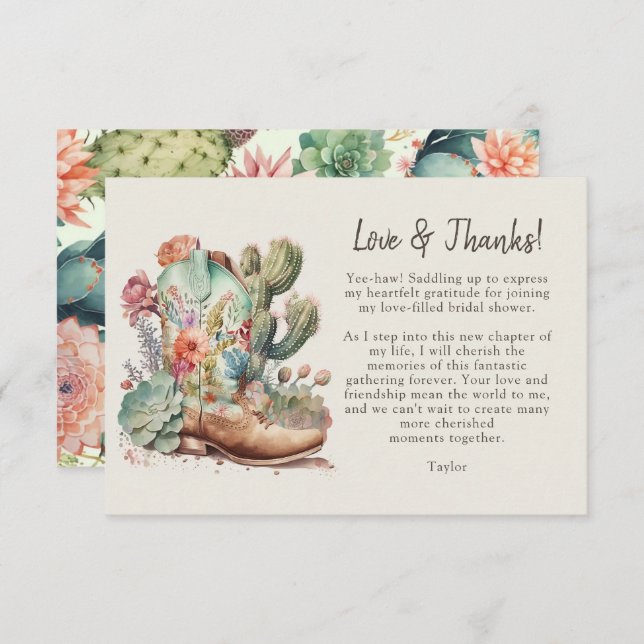 Boots and Bubbly Bridal Shower Thank You Card (Front/Back)